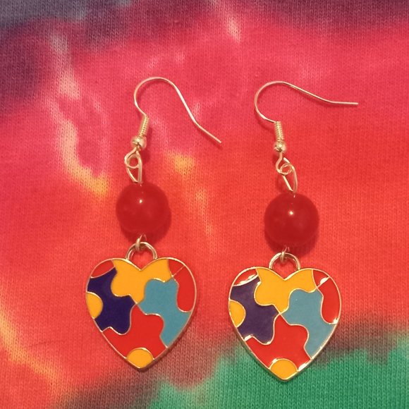 Handmade Autism Awareness Heart Earrings - Picture 3 of 5
